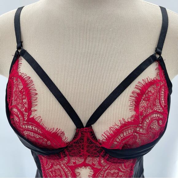 Adore Me Red Black Lace Valentine Sexy Cut Out Babydoll Slip Dress Size Medium - Picture 3 of 11